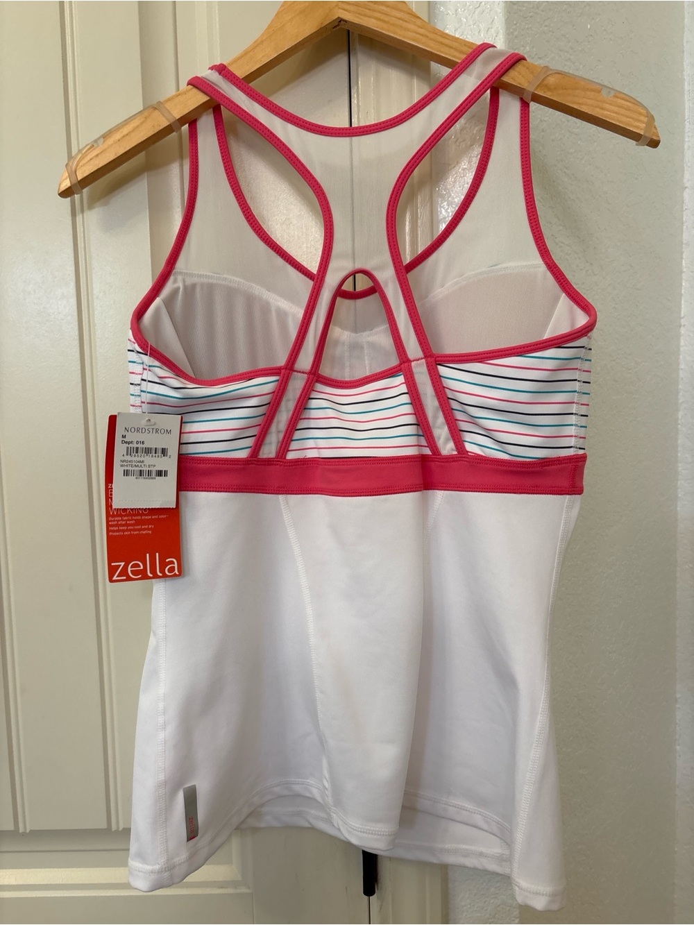 Zella Athletic Tank Top Medium NWT White Pink Striped Built-In Bra Racerback - Picture 2 of 4